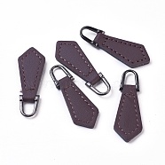 PU Leather Zipper Puller, Garment Accessories, with Alloy Findings, Rhombus, Gunmetal, Coconut Brown, 38~40x13x3mm, Hole: 5x7mm(FIND-WH0044-03)