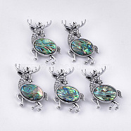 Abalone Shell/Paua Shell Brooches/Pendants, with Resin Bottom and Alloy Findings, Christmas Reindeer/Stag, Antique Silver, 50.5x52.5x11.5mm, hole: 9x5mm, Pin: 0.7mm(RESI-S376-18)