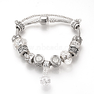 European Bracelets, with Tibetan Style Alloy Rhinestone Beads, RResin Beads, Brass Chains and Safety Chains, Antique Silver, Round, Crystal, 7-1/2 inch(19cm)(BJEW-S124-10B)