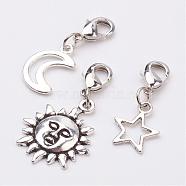 Alloy Pendants, with Brass Lobster Claw Clasps, Moon, Sun and Star, Antique Silver, 29~36mm, 3pcs/set(HJEW-JM00281)