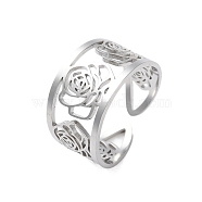304 Stainless Steel Open Cuff Ring for Women, Flower, Stainless Steel Color, Inner Diameter: 18mm(RJEW-I102-01P)