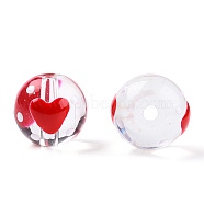 Transparent Handmade Lampwork Beads, Round with Heart Pattern, Red, 12.5x11.5mm, Hole: 1.6mm(LAMP-T011-31B)