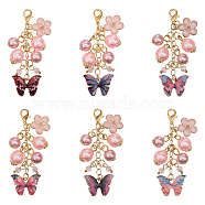 Flower & Butterfly Alloy Enamel Planner Clips, ABS Plastic Imitation Pearl Cluster Travelers Notebook Charms, Mixed Color, 63mm, 6 colors, 1pc/color, 6pcs/set(AJEW-AB00030)