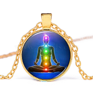Chakra Theme Yoga Human Glass Pendant Necklace, Alloy Jewelry for Women, Golden, 15.75 inch~19.69 inch(40~50cm)(CHAK-PW0001-022C)
