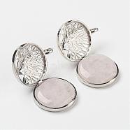 Natural Rose Quartz Pendants, with Brass Diffuser Locket Findings, Flat Round with Tree, Platinum, 31x25x8mm, Hole: 4mm(G-G910-C03)