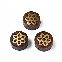 Natural Rosewood Undyed Beads, with Flower-Shaped Raw(Unplated) Brass Slices, Flat Round, Saddle Brown, 14x7mm, Hole: 1.8mm(WOOD-N013-027)