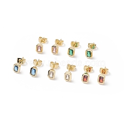 Cubic Zirconia Rectangle Stud Earrings, Real 18K Gold Plated Brass Jewelry for Women, Cadmium Free & Nickel Free & Lead Free, Mixed Color, 7x5mm, Pin: 0.9mm(EJEW-B014-23G)