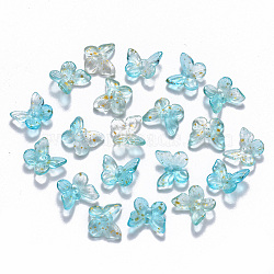 Two Tone Transparent Spray Painted Glass Charms, with Glitter Powder, Butterfly, Turquoise, 9.5x11x3mm, Hole: 0.8mm(GLAA-T016-22B)