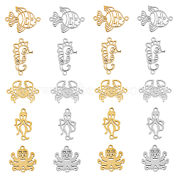20Pcs 10 Styles 201 Stainless Steel Connector Charms, Sea Animal Links, Laser Cut, Octopus & Squid & Goldfish & Sea Horse & Crab Shape, Golden & Stainless Steel Color, 14~20.5x9.5~20.5x1mm, Hole: 1.4mm,  2pcs/style(STAS-DC0013-91)