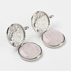 Natural Rose Quartz Pendants, with Brass Diffuser Locket Findings, Flat Round with Tree, Platinum, 31x25x8mm, Hole: 4mm(G-G910-C03)