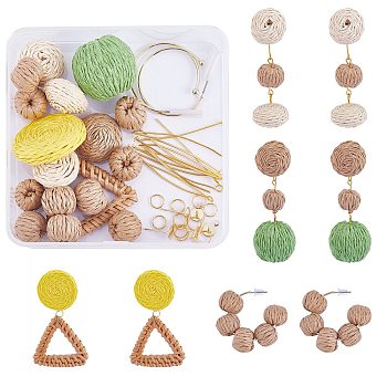 DIY Woven Drop Earring Making Kit, Including Reed Cane/Rattan & Paper Woven Linking Rings & Beads, 304 Stainless Steel & Iron Stud Earring Findings, Mixed Color, 64Pcs/box