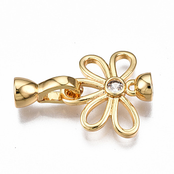 Brass Micro Pave Clear Cubic Zirconia Fold Over Clasps, Nickel Free, Flower, Real 18K Gold Plated, 25mm long, Flower: 16.5x17.5x5mm, Hole: 3mm, Clasps: 12x7x5.5mm, Hole: 3.5mm