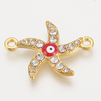 Alloy Rhinestone Links Connectors, Cadmium Free & Lead Free, Starfish/Sea Stars with Evil Eye, Red, Golden, 28x20x2.5mm, Hole: 1.5mm