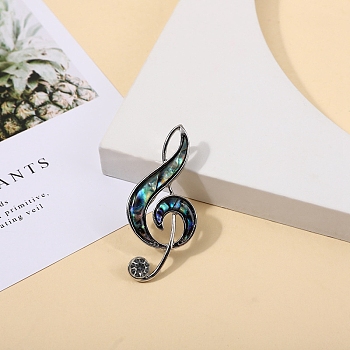 Musical Note Abalone Shell/Paua Shell Brooch, Alloy Pins, Colorful, 50x23mm