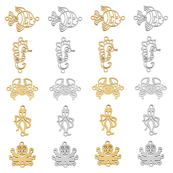 20Pcs 10 Styles 201 Stainless Steel Connector Charms, Sea Animal Links, Laser Cut, Octopus & Squid & Goldfish & Sea Horse & Crab Shape, Golden & Stainless Steel Color, 14~20.5x9.5~20.5x1mm, Hole: 1.4mm,  2pcs/style