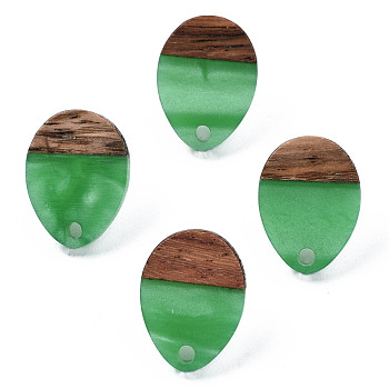 Resin & Walnut Wood Stud Earring Findings, with 304 Stainless Steel Pin, Teardrop, Medium Sea Green, 17x13mm, Hole: 1.8mm, Pin: 0.7mm