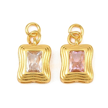 Brass Micro Pave Cubic Zirconia Pendants, Rectangle Charms, Real 18K Gold Plated, Pearl Pink, 13.5x9.5x4.5mm, Hole: 2.5mm