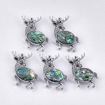 Abalone Shell/Paua Shell Brooches/Pendants, with Resin Bottom and Alloy Findings, Christmas Reindeer/Stag, Antique Silver, 50.5x52.5x11.5mm, hole: 9x5mm, Pin: 0.7mm