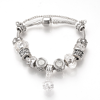European Bracelets, with Tibetan Style Alloy Rhinestone Beads, RResin Beads, Brass Chains and Safety Chains, Antique Silver, Round, Crystal, 7-1/2 inch(19cm)