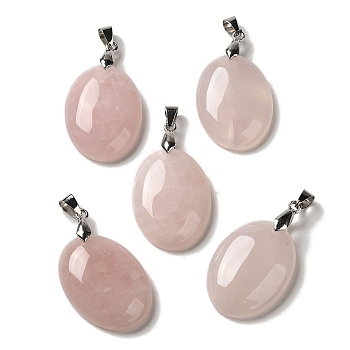 Natural Rose Quartz Pendants, Oval Charms with Rack Plating Platinum Plated Brass Snap on Bails, 30x21.5~22x6~6.5mm, Hole: 6x4mm