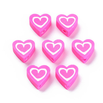 Handmade Polymer Clay Beads, Heart, Deep Pink, 10x10x4.5mm, Hole: 1.4mm