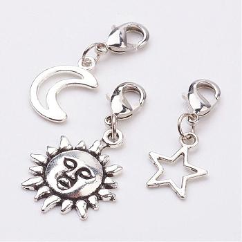 Alloy Pendants, with Brass Lobster Claw Clasps, Moon, Sun and Star, Antique Silver, 29~36mm, 3pcs/set