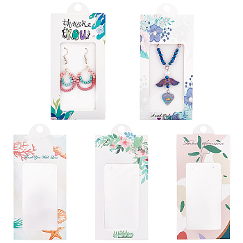 Elite 20Pcs 5 Styles Paper Jewelry Display Cards, Jewelry Holder Card for Earrings, Necklaces Display, Rectangle with Clear Window, Word/Shell/Floral/Flower/Leaf Pattern, White, 15.5x6.7x0.1cm, Hole: 8.5mm, 4pcs/style