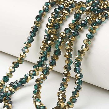 Electroplate Transparent Glass Beads Strands, Half Golden Plated, Faceted, Rondelle, Dark Green, 3x2mm, Hole: 0.8mm, about 150~155pcs/strand, 15~16 inch(38~40cm)
