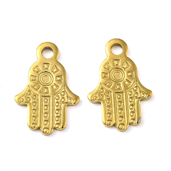 Ion Plating(IP) 304 Stainless Steel Pendants, Laser Cut, Hamsa Hand Charm, Real 18K Gold Plated, 15x10x1mm, Hole: 1.6mm