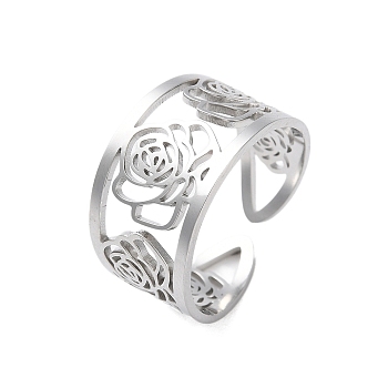 304 Stainless Steel Open Cuff Ring for Women, Flower, Stainless Steel Color, Inner Diameter: 18mm