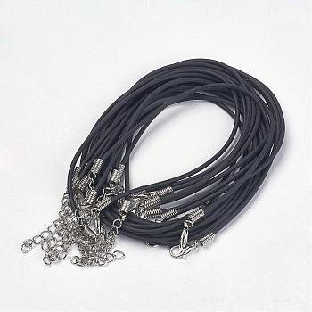 Jewelry Necklace Cord, PVC Cord, Black, Platinum Color Iron Clasp and adjustable chain, about 2mm thick, 16 inch