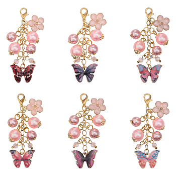Flower & Butterfly Alloy Enamel Planner Clips, ABS Plastic Imitation Pearl Cluster Travelers Notebook Charms, Mixed Color, 63mm, 6 colors, 1pc/color, 6pcs/set