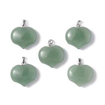 Natural Green Aventurine Pendants, Heart Charms, with Platinum Tone Brass Findings, 23.5x25x8.5mm, Hole: 5x3.5mm