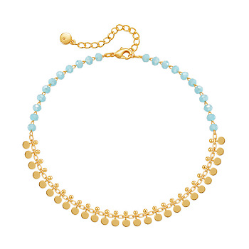 Faceted Rhondelle Glass & Brass Disc Tassel Anklets for Women, Golden, Sky Blue, 8-1/4 inch(210mm)