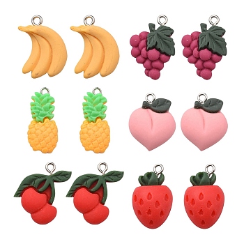 12Pcs 6 Styles Opaque Resin Pendants, Fruit Charms with Platinum Tone Iron Loops, Mixed Color, 22~27.5x13~18x5.5~7mm, Hole: 2mm, 2pcs/style