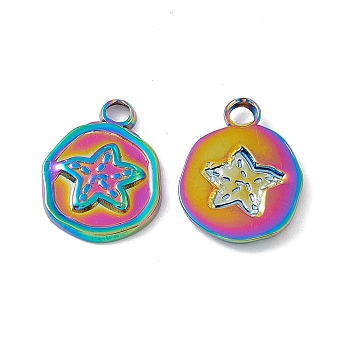 Ion Plating(IP) 304 Stainless Steel Pendants, Flat Round with Star, Rainbow Color, 16x13x2mm, Hole: 2.5mm