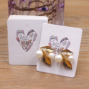 Rectangle Paper Earring Display Card with Hanging Hole, Jewelry Display Cards for Earring Display, White, Heart Pattern, 5x4x0.05cm, Hole: 5mm, 1mm and 12x7mm