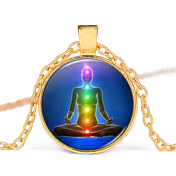 Chakra Theme Yoga Human Glass Pendant Necklace, Alloy Jewelry for Women, Golden, 15.75 inch~19.69 inch(40~50cm)