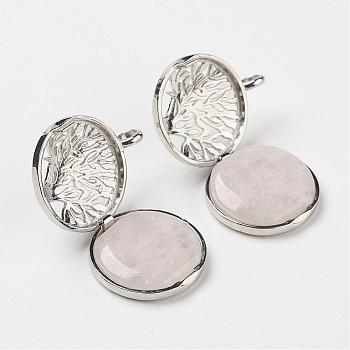 Natural Rose Quartz Pendants, with Brass Diffuser Locket Findings, Flat Round with Tree, Platinum, 31x25x8mm, Hole: 4mm