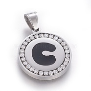 304 Stainless Steel Enamel Pendants, with Cubic Zirconia, Flat Round with Letter, Stainless Steel Color, Clear, Letter.C, 29x25x3mm, Hole: 5.5x8.5mm(STAS-E439-90C-P)