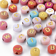 Opaque Mixed Color Acrylic Beads, Metal Enlaced, Flat Round with Random Letters, Golden Plated, 7x4mm, Hole: 1.8mm, about 370pcs/50g(X-MACR-Q242-011A)