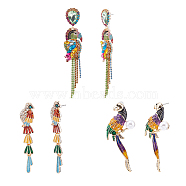 3 Pairs 3 Style Rhinestone Parrot Dangle Stud Earrings with Alloy Pins, Long Drop Earrings, Mixed Color, 51.5~130x11~27.5mm, 1 Pair/style(EJEW-FI0003-22)