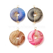 Natural Striped Agate Connector Charms, Twisted with Copper Wire, Dyed, Mixed Color, Flat Round/Disc, Golden, 39~40.5x29.5~30.5x5~5.5mm, Hole: 2.5~3.3mm(PALLOY-JF01577-02)
