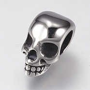 304 Stainless Steel European Beads, Large Hole Beads, Skull, Antique Silver, 9.5x7.5x10mm, Hole: 5mm(STAS-F144-103AS)