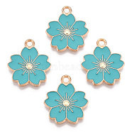 Alloy Enamel Pendants, Sakura Flower, Light Gold, Dark Turquoise, 20.5x17.5x1.5mm, Hole: 2mm(X-ENAM-S121-115G)