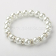 Glass Pearl Beads Stretch Bracelets, with Brass Rhinestone Beads, Silver Color Plated, White, 55mm(BJEW-JB01344-01)