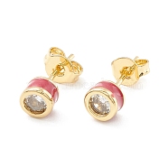 Column Cubic Zirconia Stud Earrings with Enamel, Real 18K Gold Plated Brass Earrings for Women, Cadmium Free & Nickel Free & Lead Free, Medium Violet Red, 14.5x5mm, Pin: 0.6mm(EJEW-P196-02G-03)