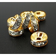 Iron Rhinestone Spacer Beads, Grade B, Straight Edge, Rondelle, Golden Color, Clear, Size: about 6mm in diameter, 3mm thick, hole: 1.5mm(X-RB-A009-6MM-G)