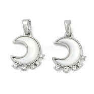 Natural White Shell Moon Pendants, Brass Micro Pave Clear Cubic Zirconia Moon Charms, Platinum, 16.5x13x3mm, Hole: 3x5mm(KK-U043-23P-02)