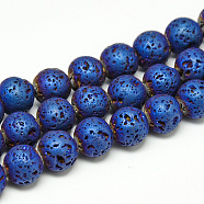 Electroplate Natural Lava Rock Beads Strands, Matte Style, Round, Blue Plated, 8x8.5mm, Hole: 1mm, about 48pcs/strand, 15.3 inch(G-T058-03B)
